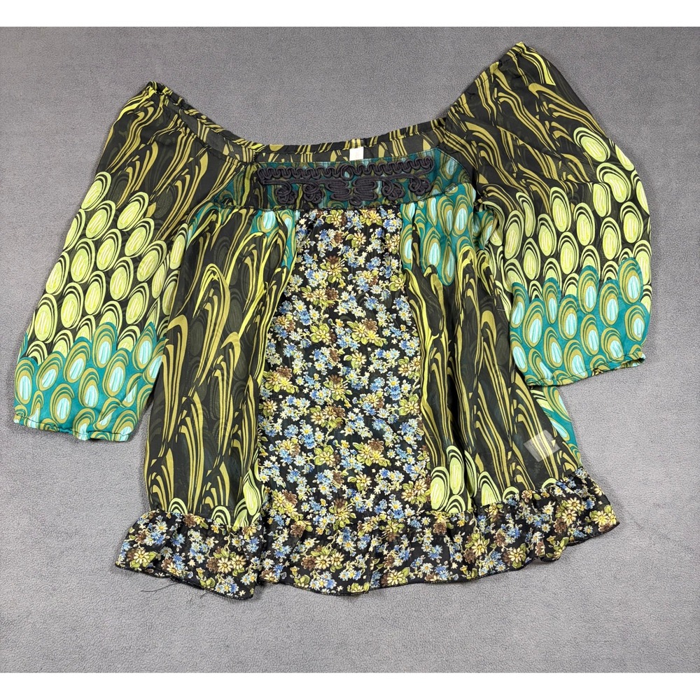 Xhilaration Blouse Womens Small Green Floral Mixed Print Ruffle Hem Peasant Top